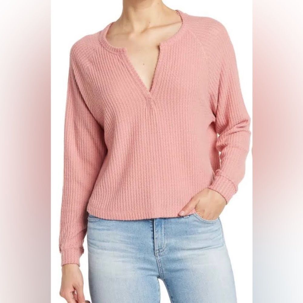 Abound Women Waffle Knit Long Sleeve Notch Neck Henley Shirt Pink Compact Sz: 2X